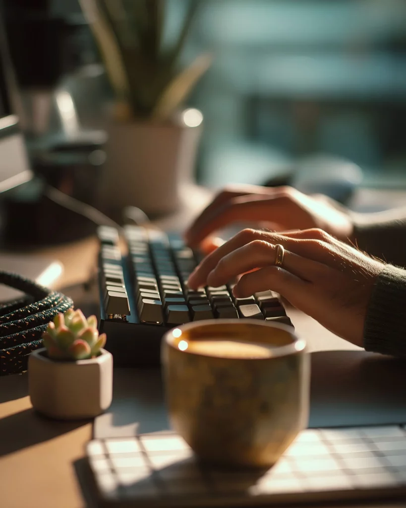 Mains qui tapent sur un clavier d'ordinateur. Photo chaude et lumineuse avec un café à gauche du clavier et une mini plante grasse.